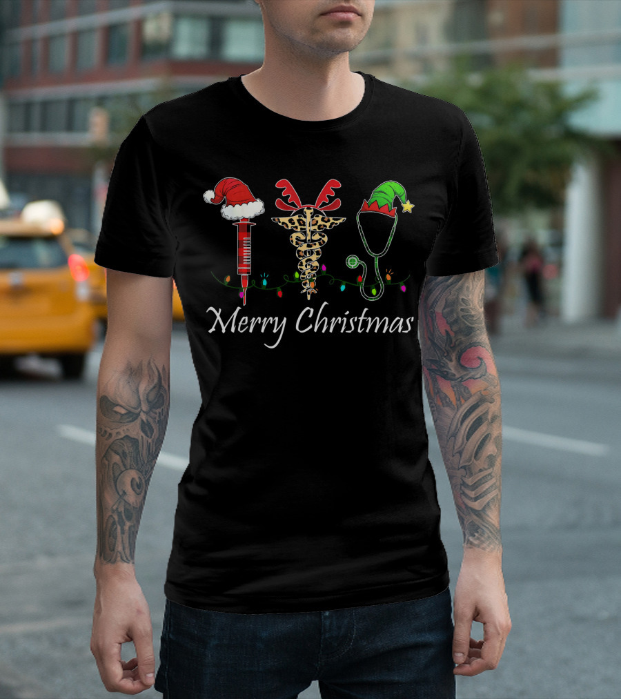 Merry Christmas Nurse Nursing Santa Syringe Reindeer Caduceus Elf Stethoscope T-Shirt