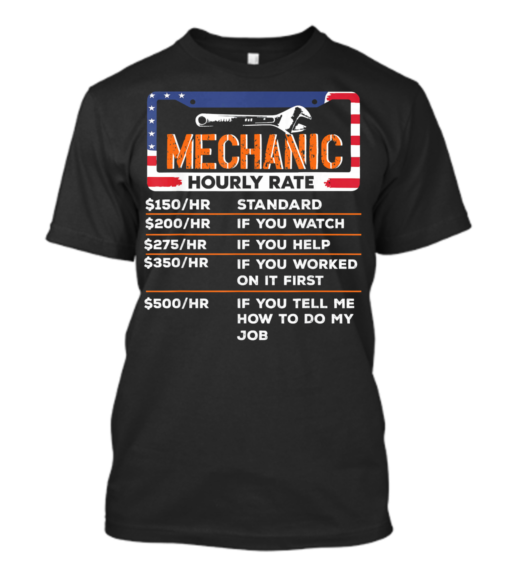 Mechanic Hourly Rate USA Flag Design Standard Rate Watching Helping Working Telling Job T-Shirt