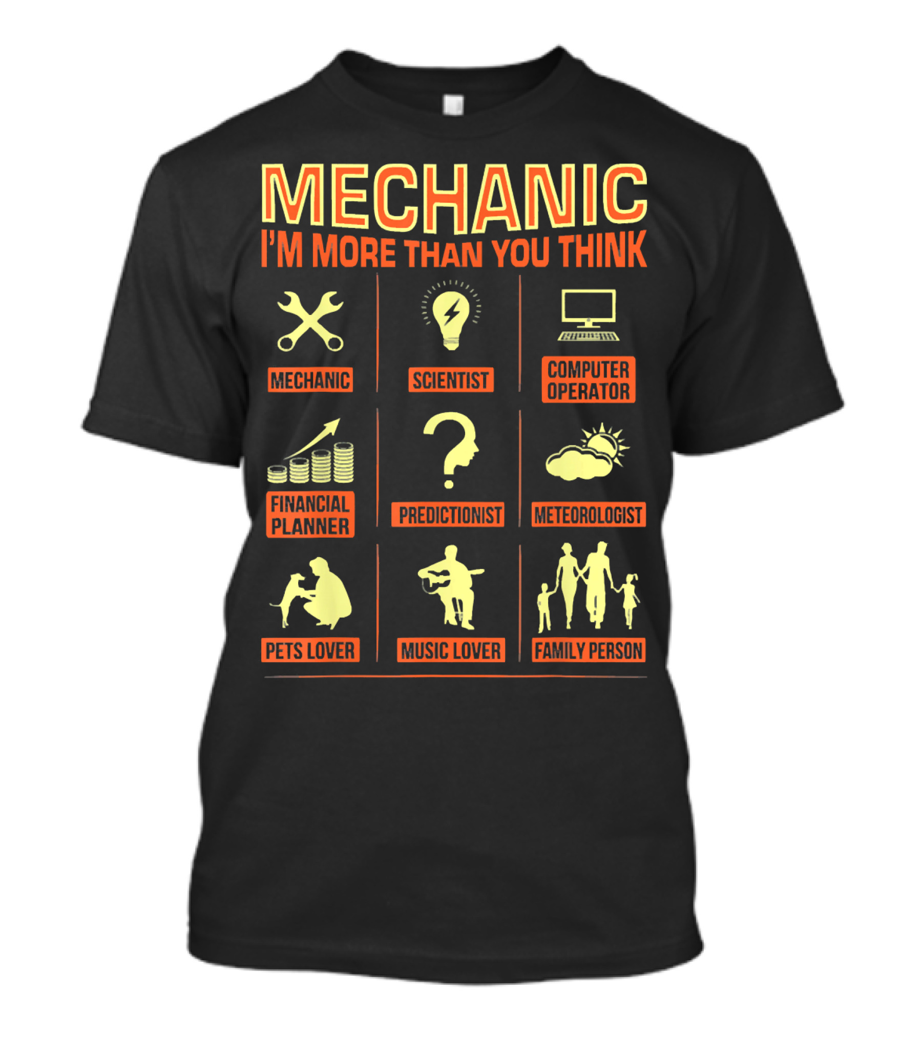 MECHANIC I'M MORE THAN YOU THINK MECHANIC SCIENTIST COMPUTER OPERATOR FINANCIAL PLANNER PREDICTIONIST METEOROLOGIST PETS LOVER MUSIC LOVER FAMILY PERSON T-Shirt