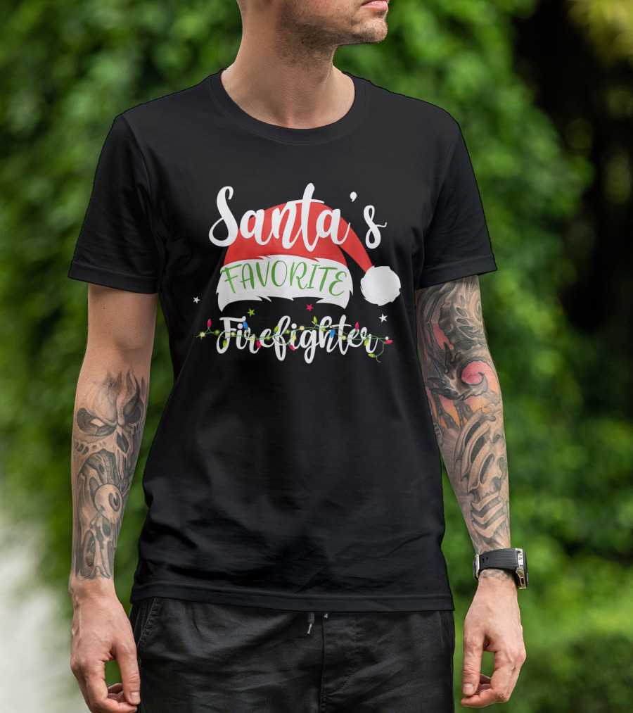 Santa's Favorite Firefighter Christmas Hat T-Shirt