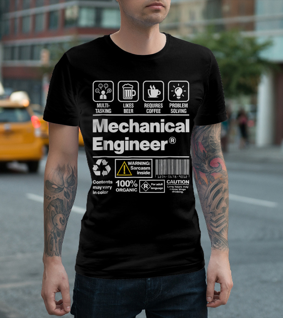 Mechanical Engineer Funny Sarcasm Beer Coffee Problem Solving Warning Caution Multitasking 100% Organic T-Shirt
