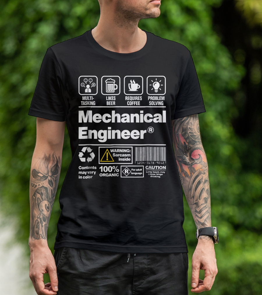 Mechanical Engineer Funny Sarcasm Beer Coffee Problem Solving Warning Caution Multitasking 100% Organic T-Shirt