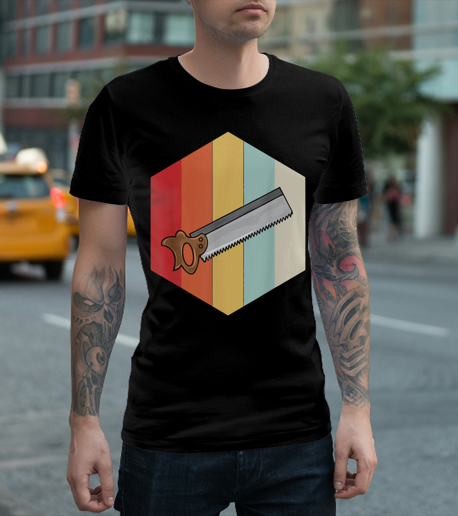 Mens Retro Vintage Handsaw Woodworking Hexagon Stripes T-Shirt