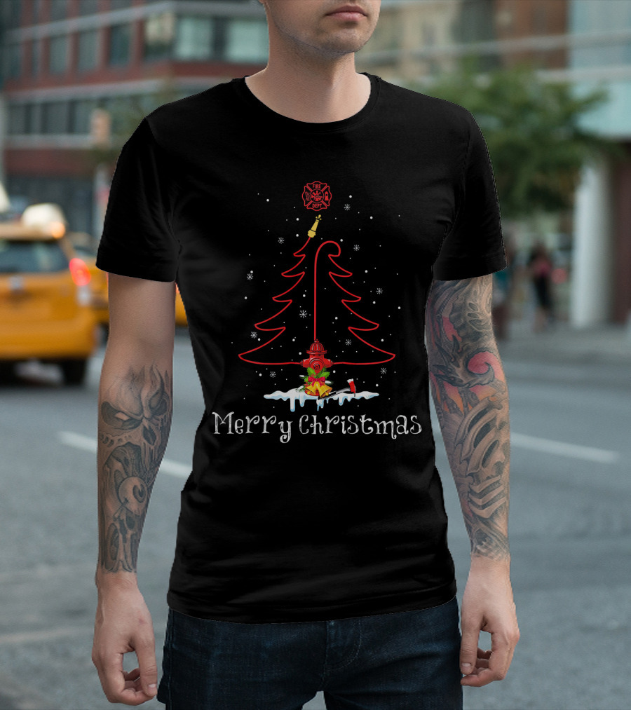 Merry Christmas Firefighter Tree Fire Dept Holiday Lights T-Shirt