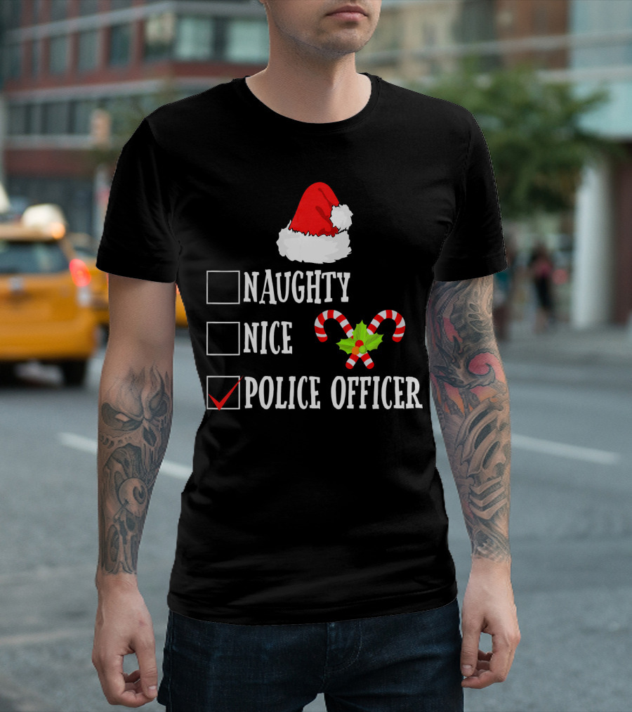 Merry Christmas Naughty Nice Police Officer Santa Hat Candy Cane T-Shirt