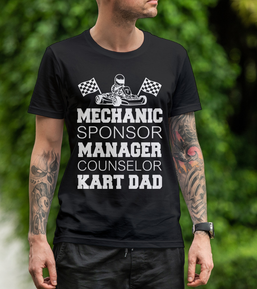 Mechanic Sponsor Manager Counselor Kart Dad Racer With Checkered Flags T-Shirt
