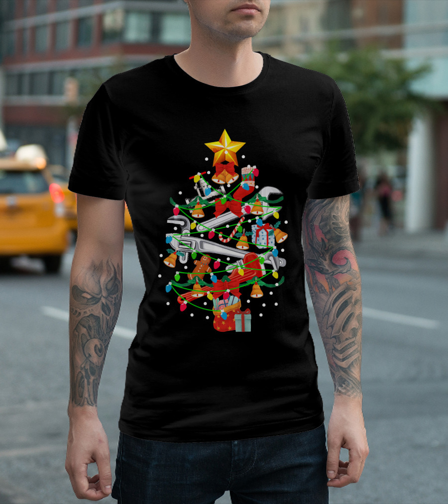 Plumbing Tools Christmas Tree with Wrench Star and Holiday Lights T-Shirt