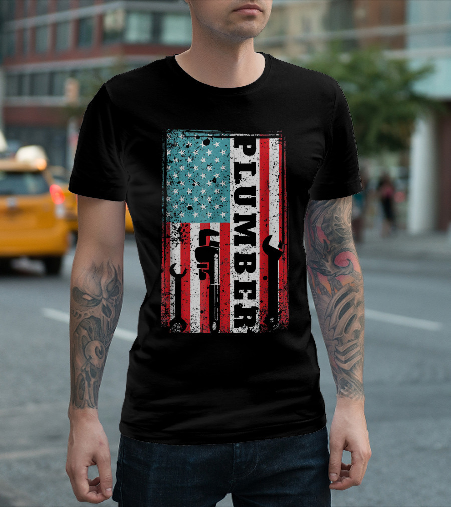 Plumber American Flag USA Plumbing Wrench Tools T-Shirt