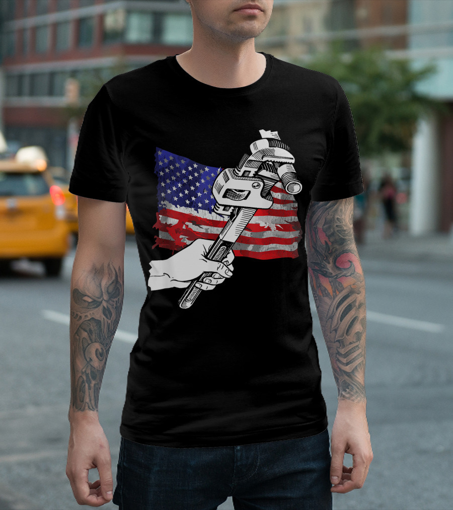 Pipefitter Union Pride with American Flag and Wrench T-Shirt