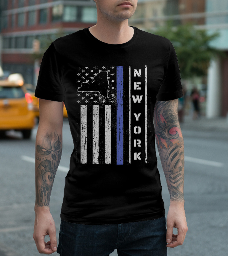 New York Thin Blue Line Police Week USA Flag Map T-Shirt