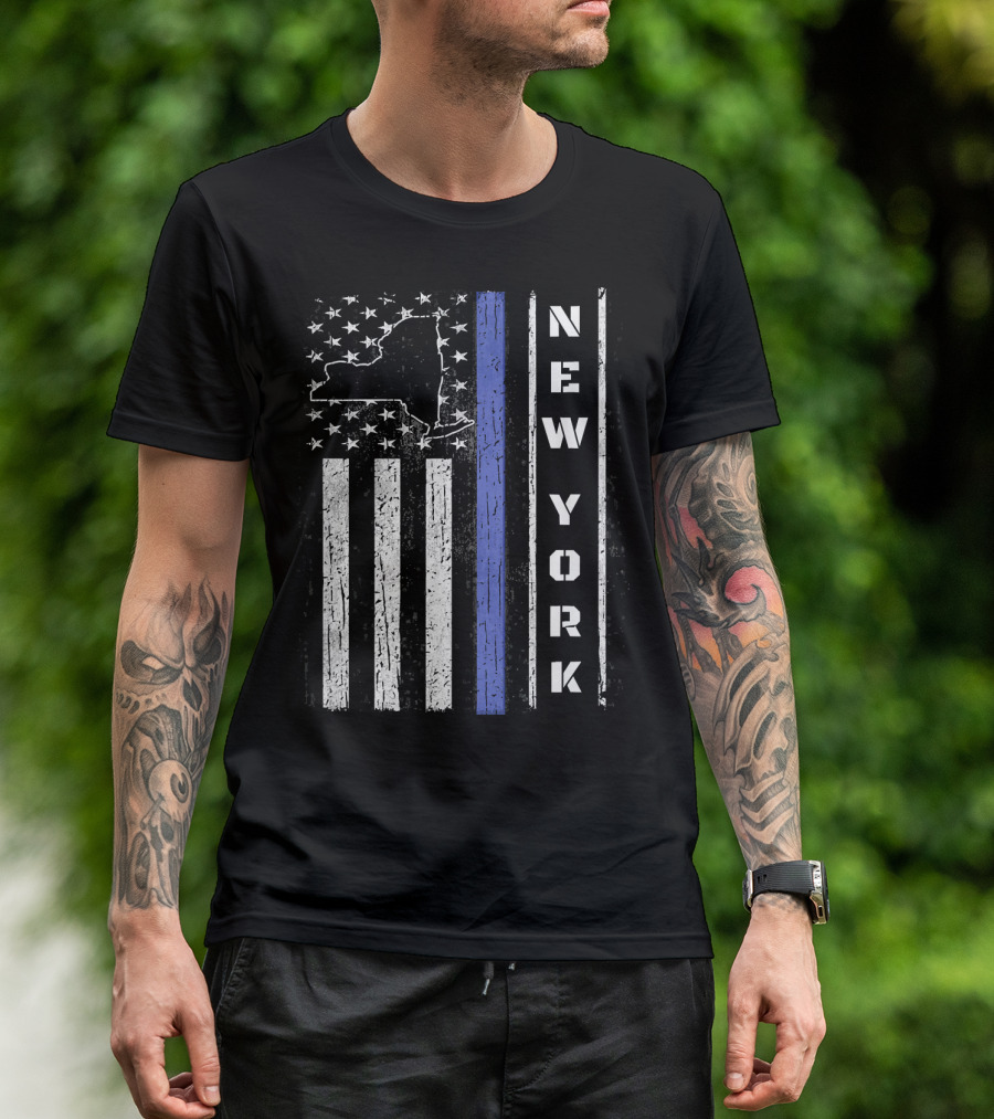 New York Thin Blue Line Police Week USA Flag Map T-Shirt