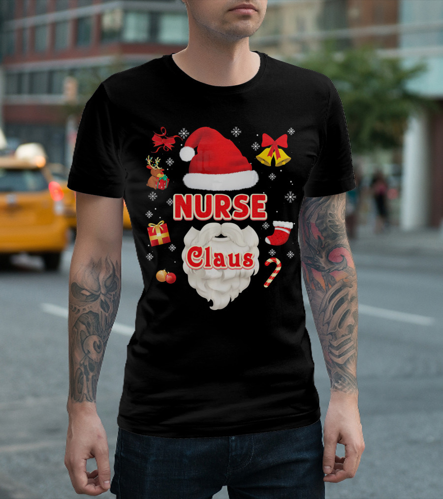 Nurse Claus Santa Face Merry Christmas Holiday Icons T-Shirt