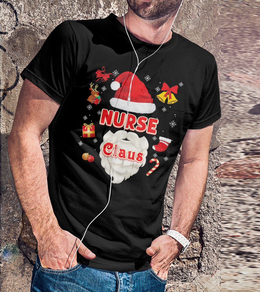 Nurse Claus Santa Face Merry Christmas Holiday Icons T-Shirt