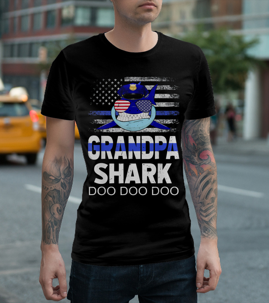 Police Grandpa Shark Doo Doo Doo American Flag Sunglasses Cop Hat T-Shirt