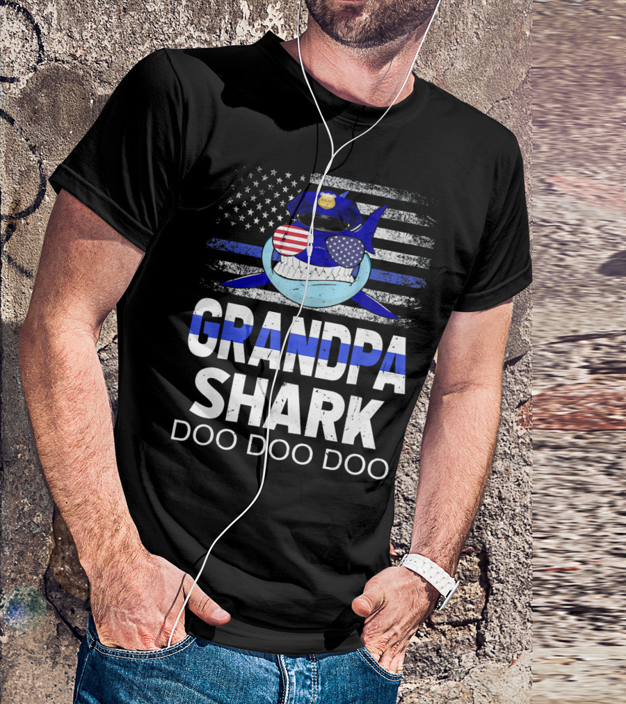 Police Grandpa Shark Doo Doo Doo American Flag Sunglasses Cop Hat T-Shirt