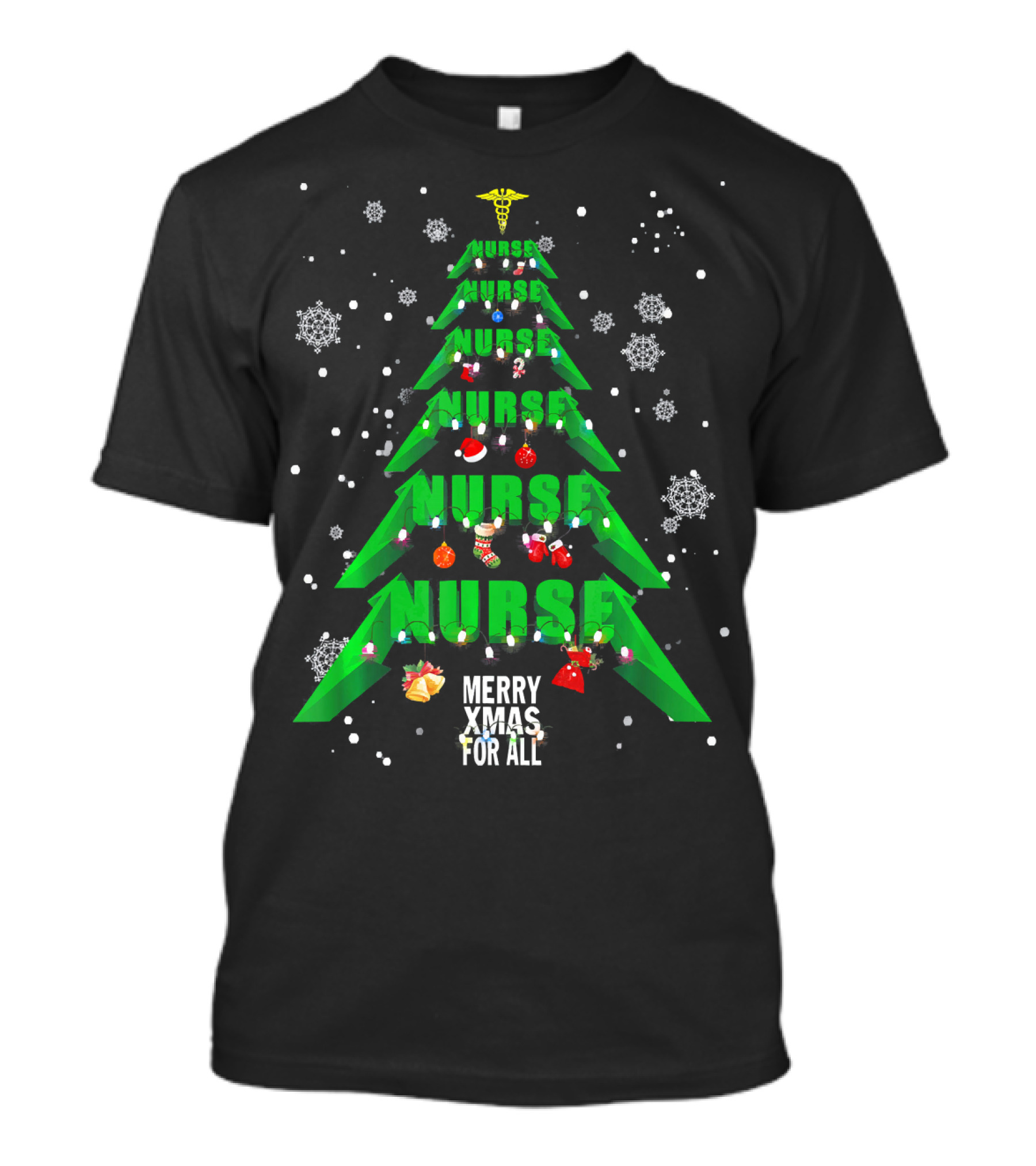 Nurse Xmas Tree Lights Snowflakes Merry Xmas For All T-Shirt