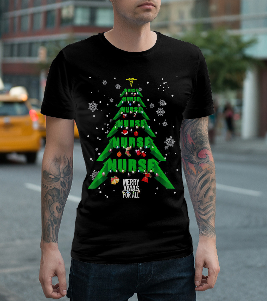 Nurse Xmas Tree Lights Snowflakes Merry Xmas For All T-Shirt