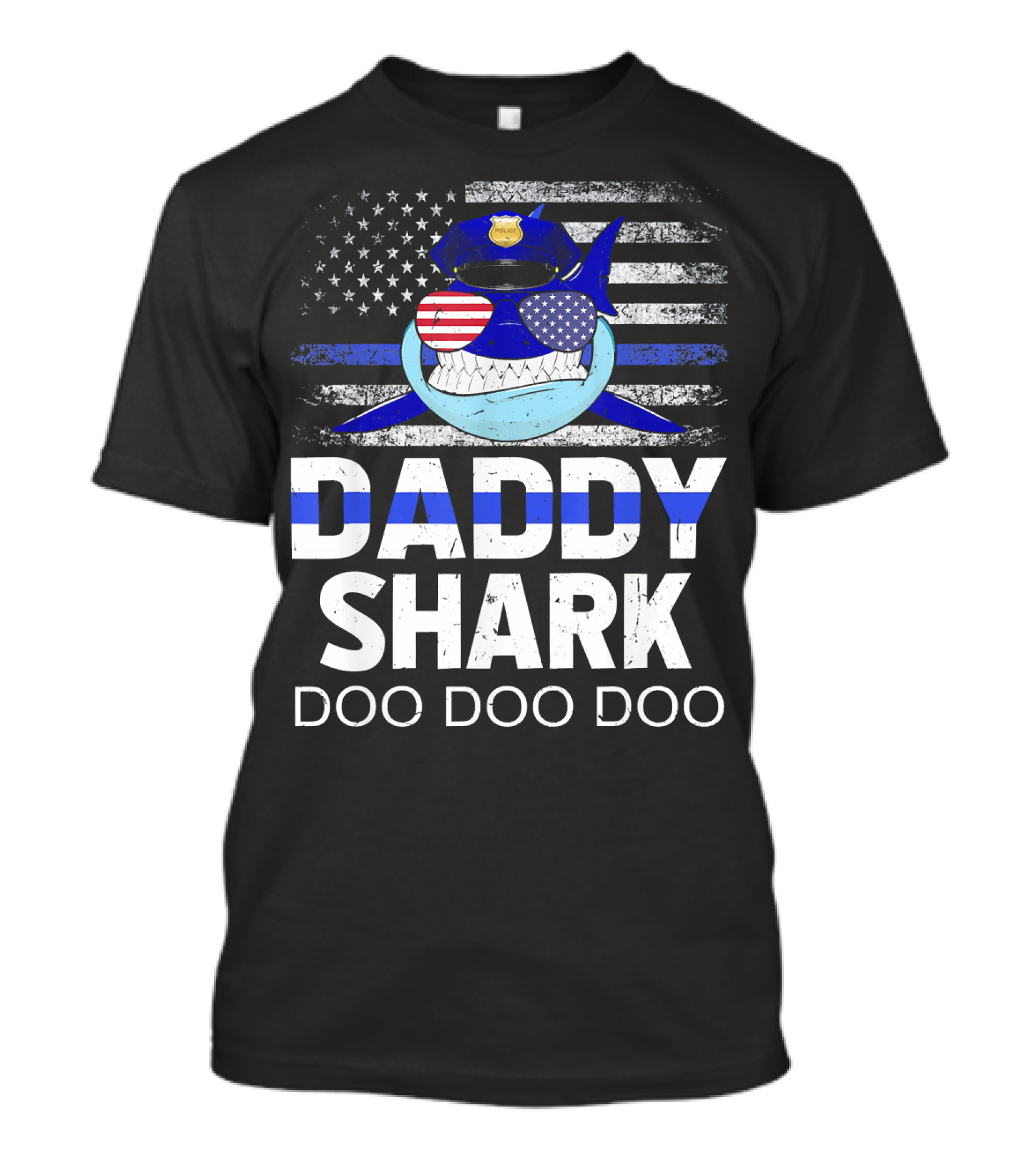 Daddy Shark Police Doo Doo Doo American Flag Sunglasses T-Shirt
