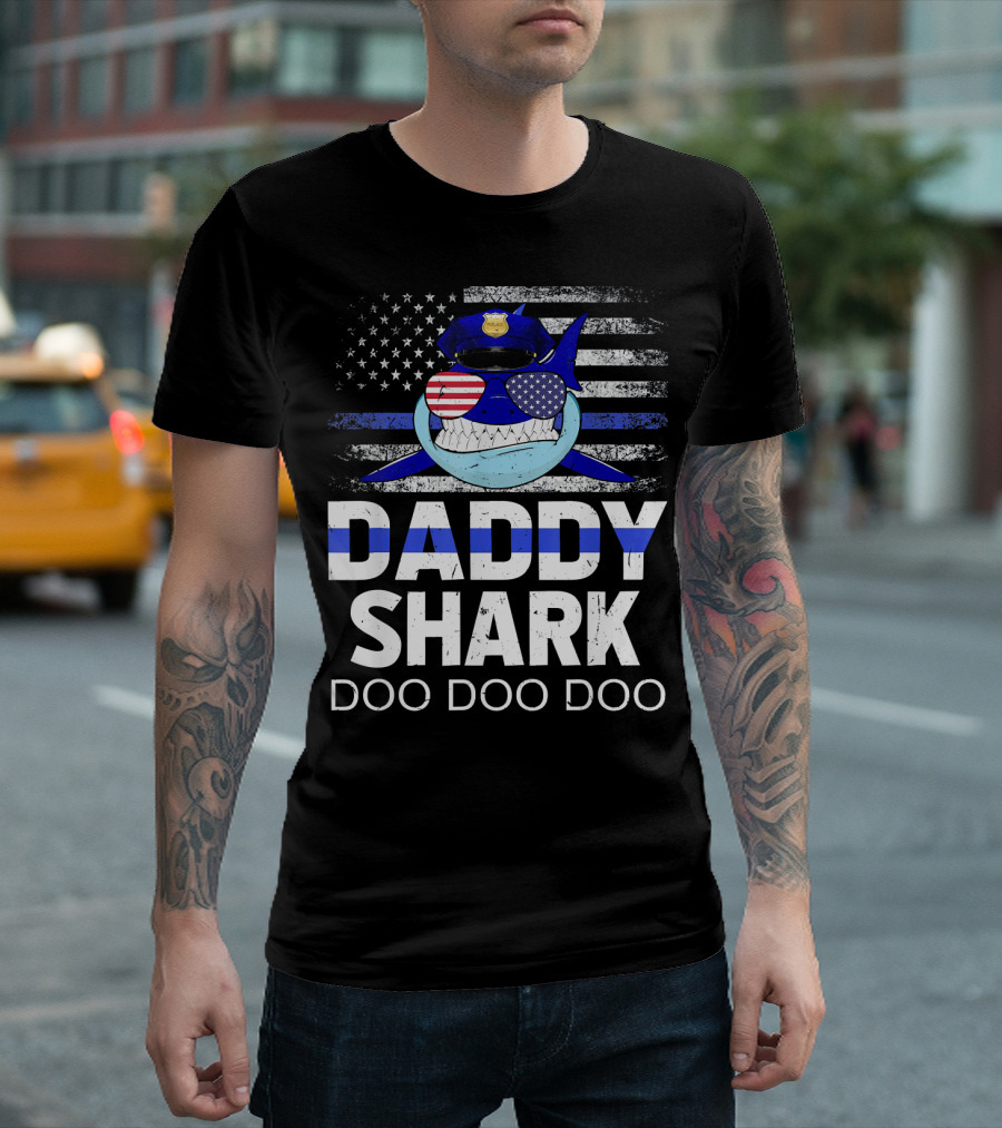 Daddy Shark Police Doo Doo Doo American Flag Sunglasses T-Shirt