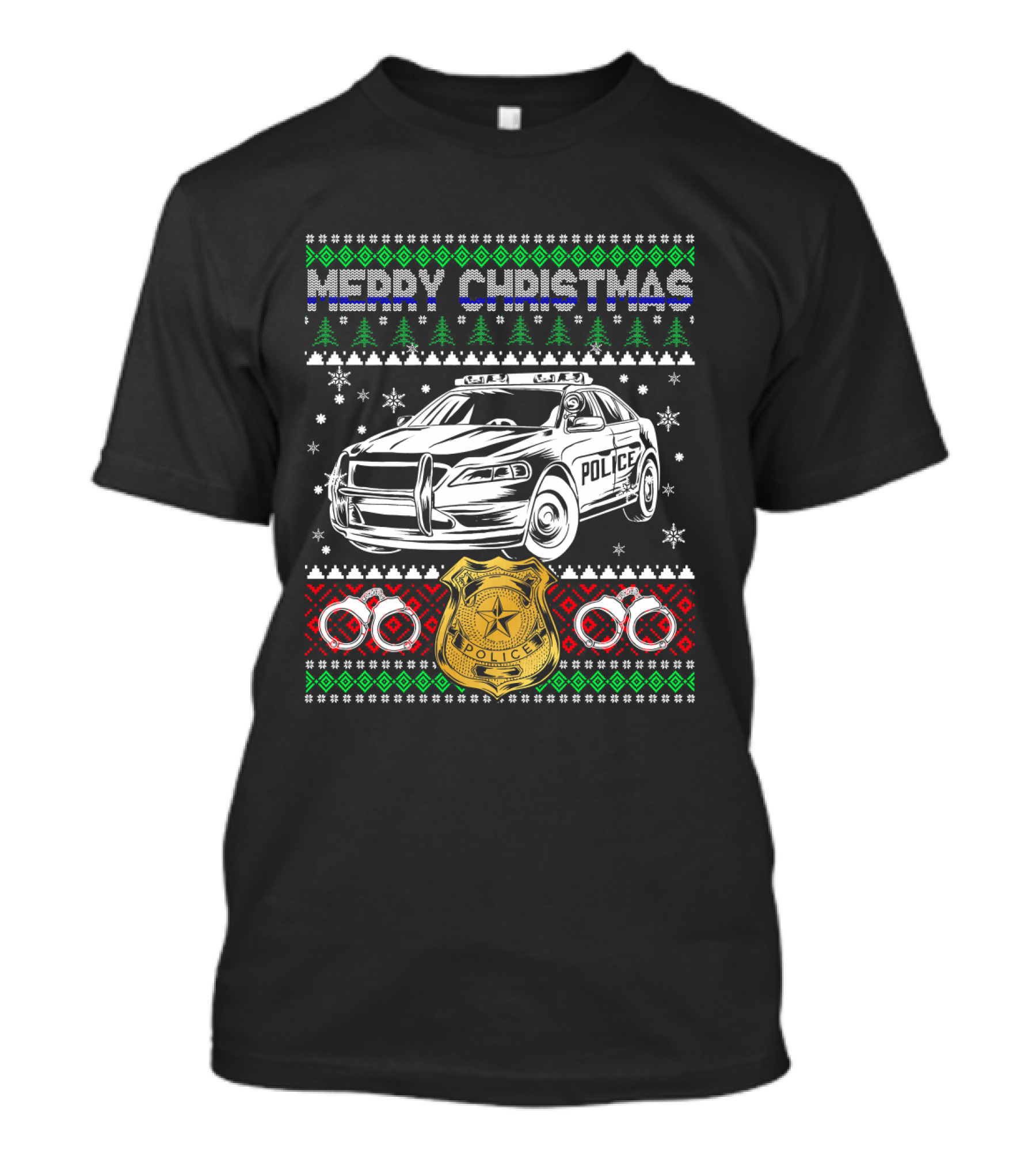 Merry Christmas Police Ugly Sweater Law Enforcement Badge And Patrol Car T-Shirt