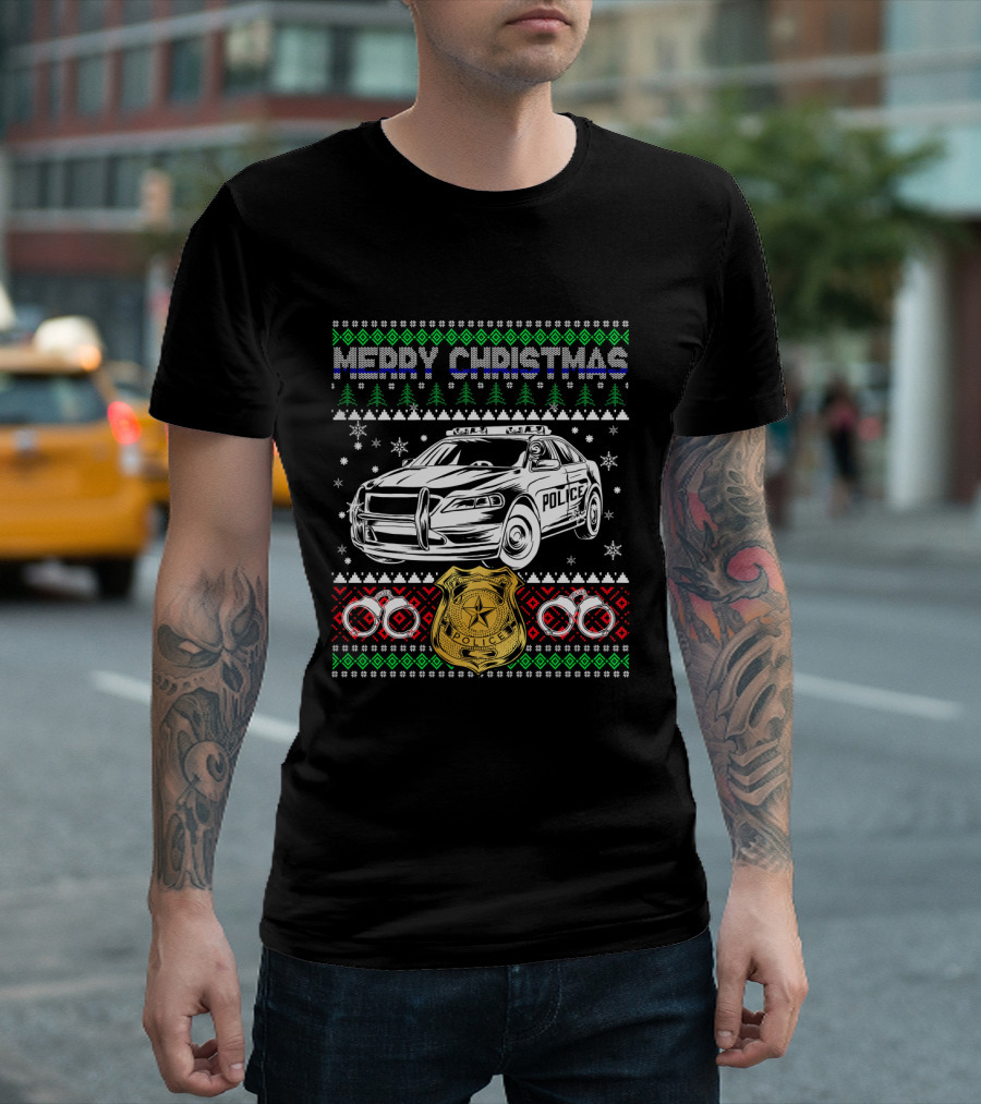 Merry Christmas Police Ugly Sweater Law Enforcement Badge And Patrol Car T-Shirt