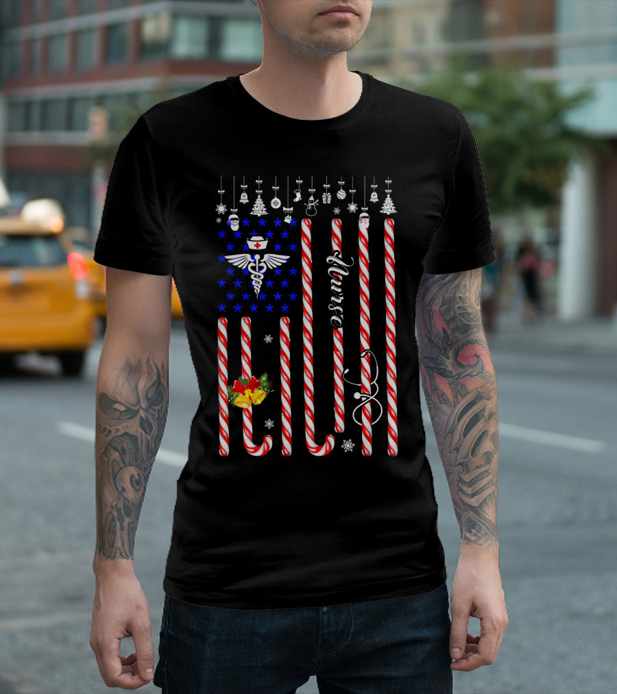 Nurse Candy Cane American Flag Christmas T-Shirt
