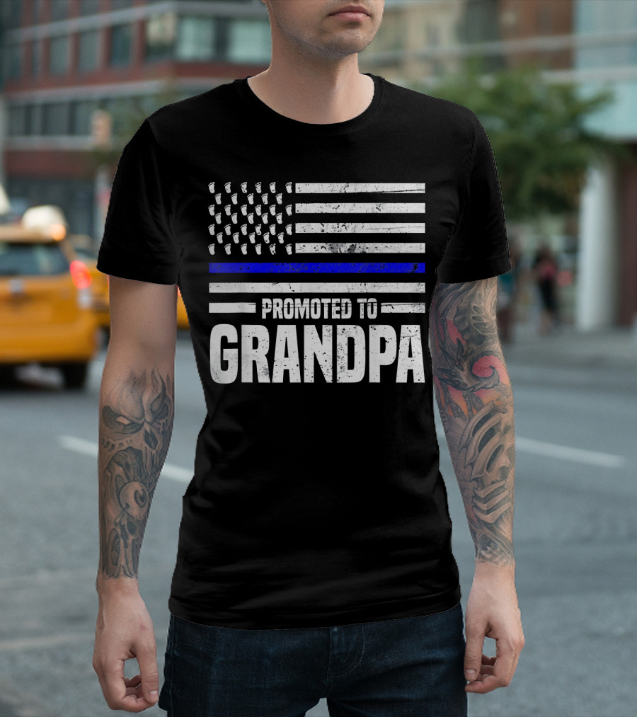 Promoted To Grandpa Thin Blue Line American Flag T-Shirt