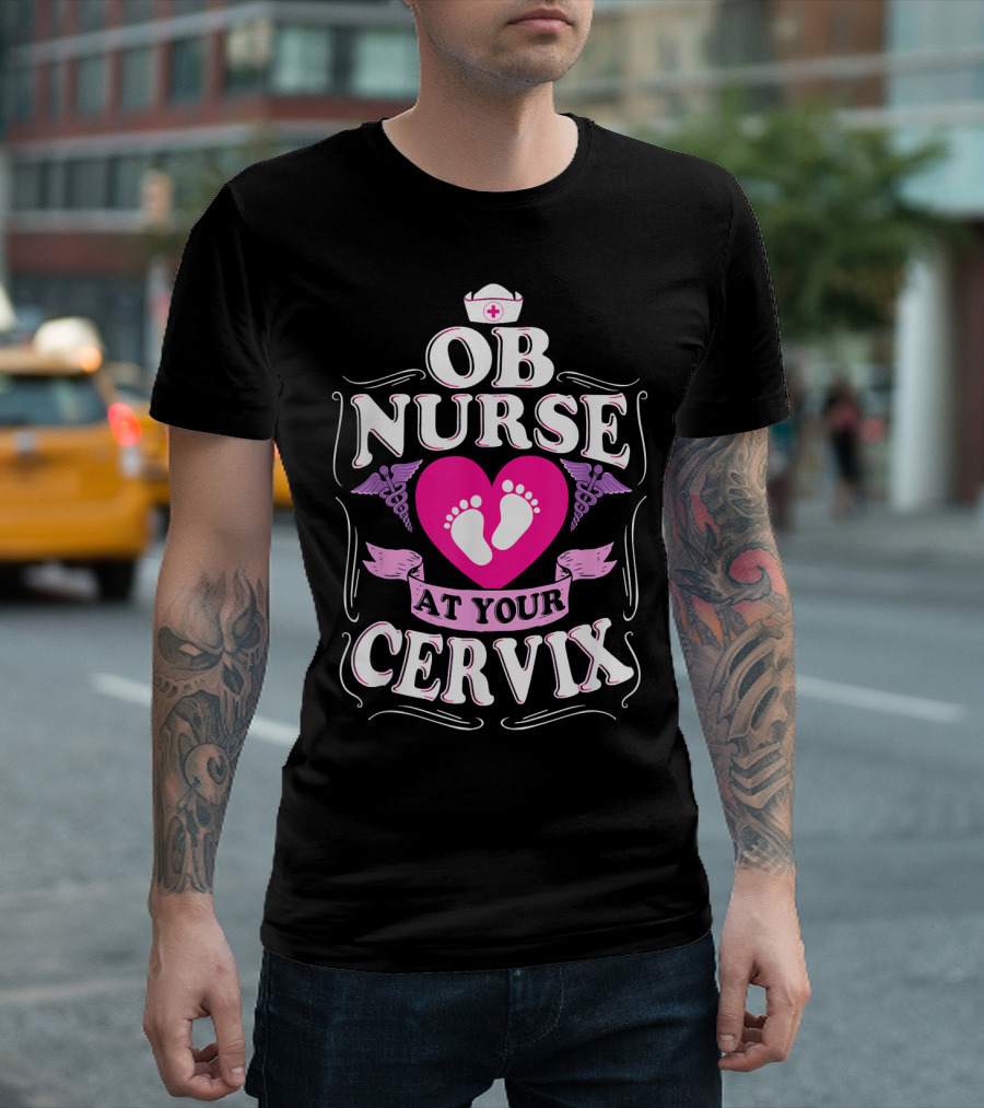 OB Nurse At Your Cervix Footprints Heart Nurse Cap Caduceus T-Shirt