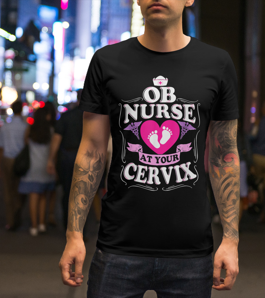 OB Nurse At Your Cervix Footprints Heart Nurse Cap Caduceus T-Shirt
