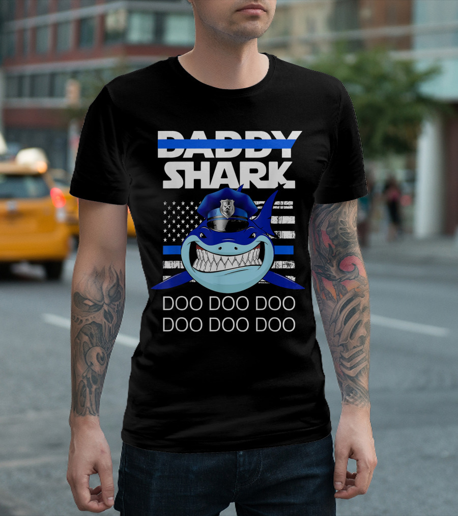 Daddy Shark Police Doo Doo Doo American Flag Cop Badge T-Shirt