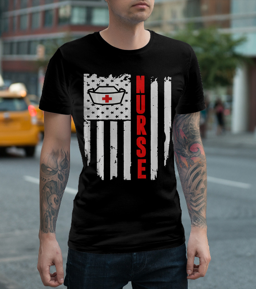 Nurse Flag With Medical Cap And Red Cross Icon On T-Shirt