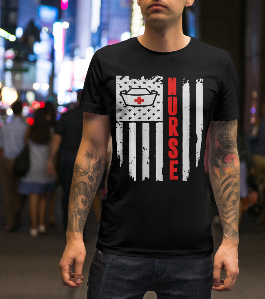 Nurse Flag With Medical Cap And Red Cross Icon On T-Shirt