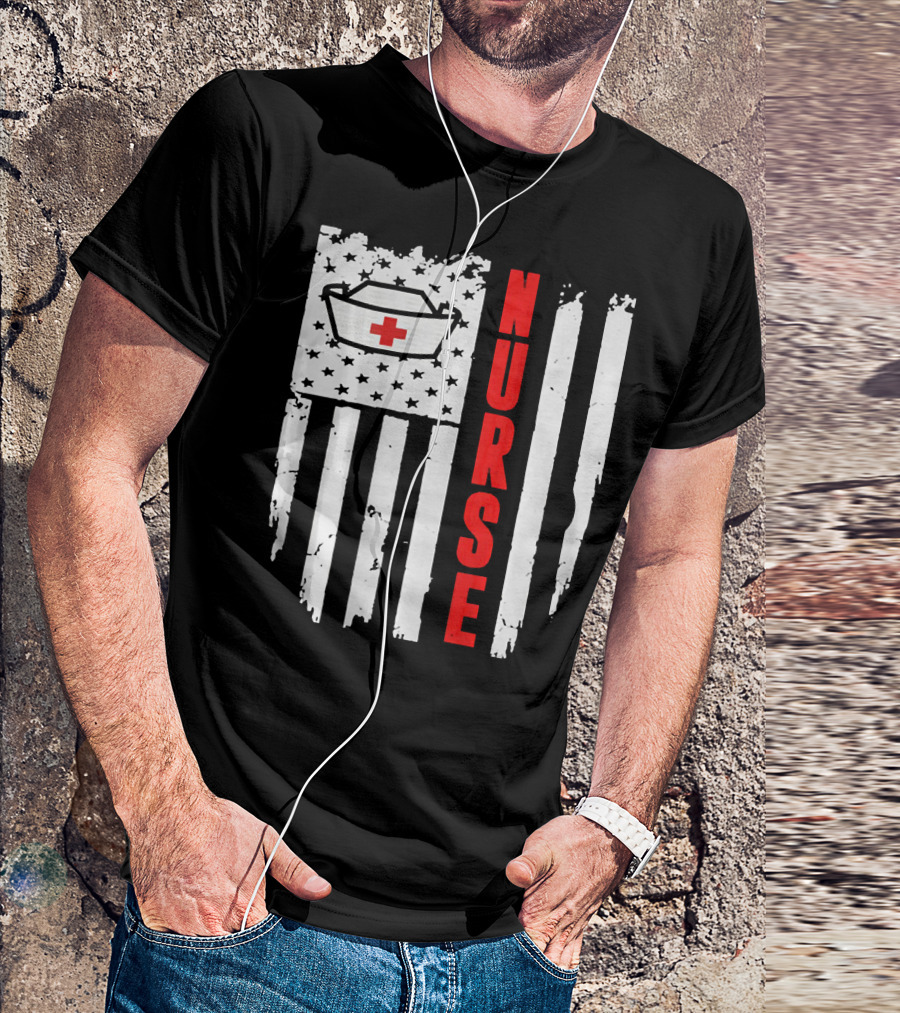 Nurse Flag With Medical Cap And Red Cross Icon On T-Shirt