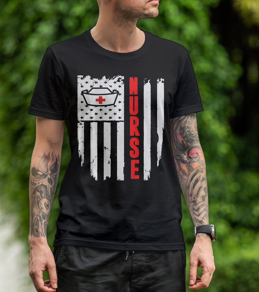 Nurse Flag With Medical Cap And Red Cross Icon On T-Shirt