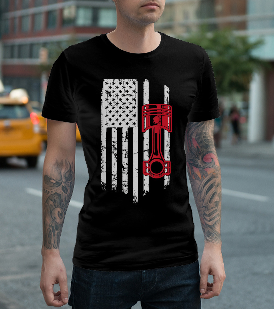 Piston Muscle Car Mechanic American Flag T-Shirt
