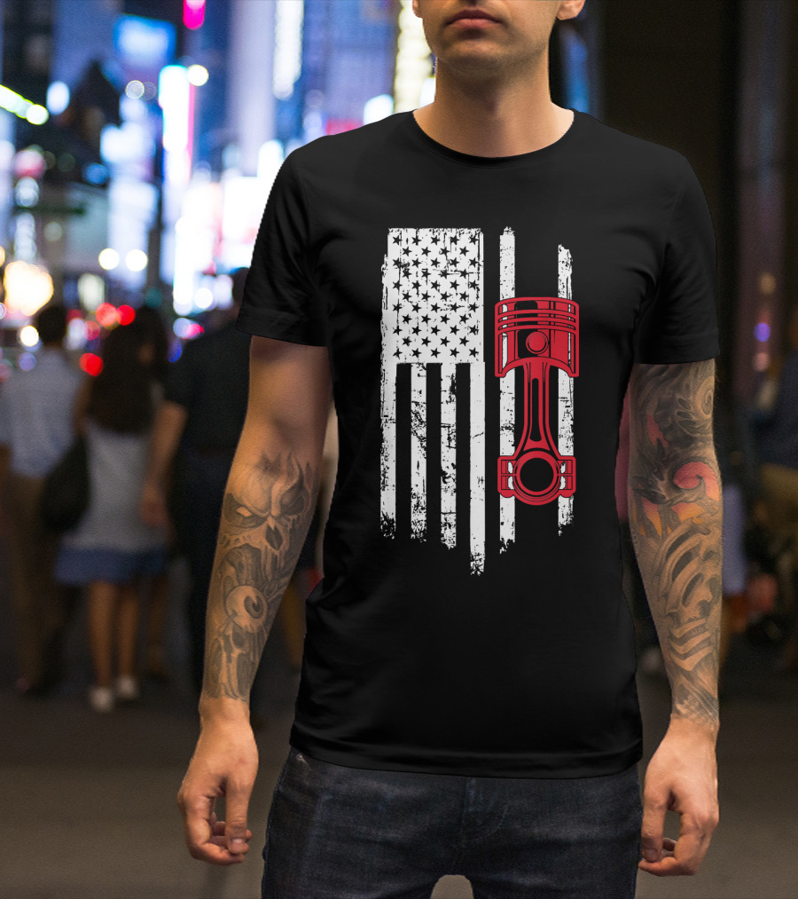 Piston Muscle Car Mechanic American Flag T-Shirt