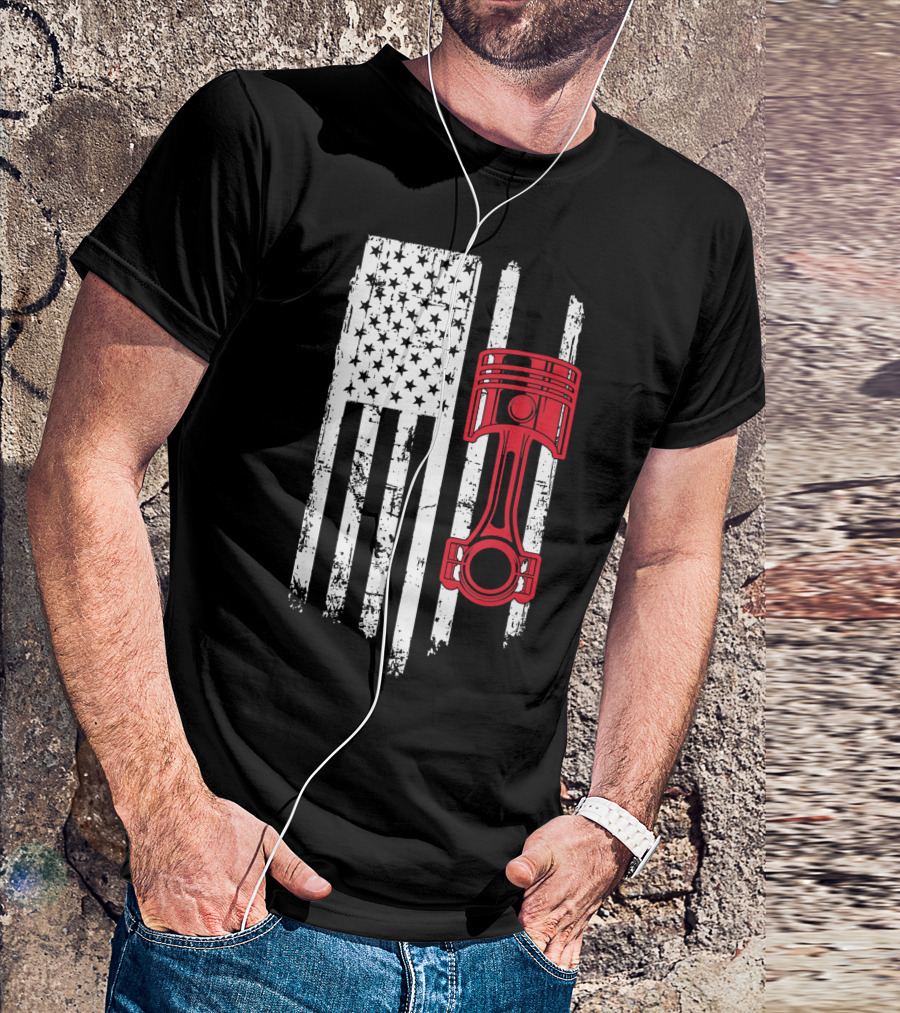 Piston Muscle Car Mechanic American Flag T-Shirt