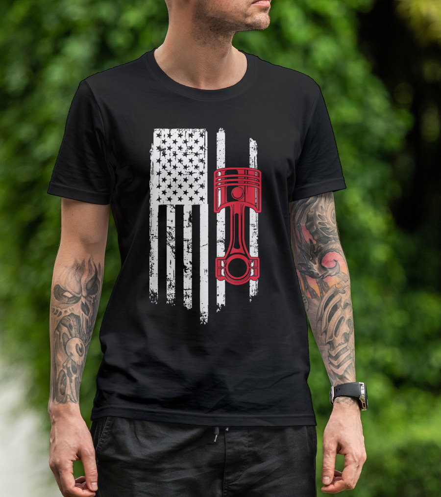 Piston Muscle Car Mechanic American Flag T-Shirt