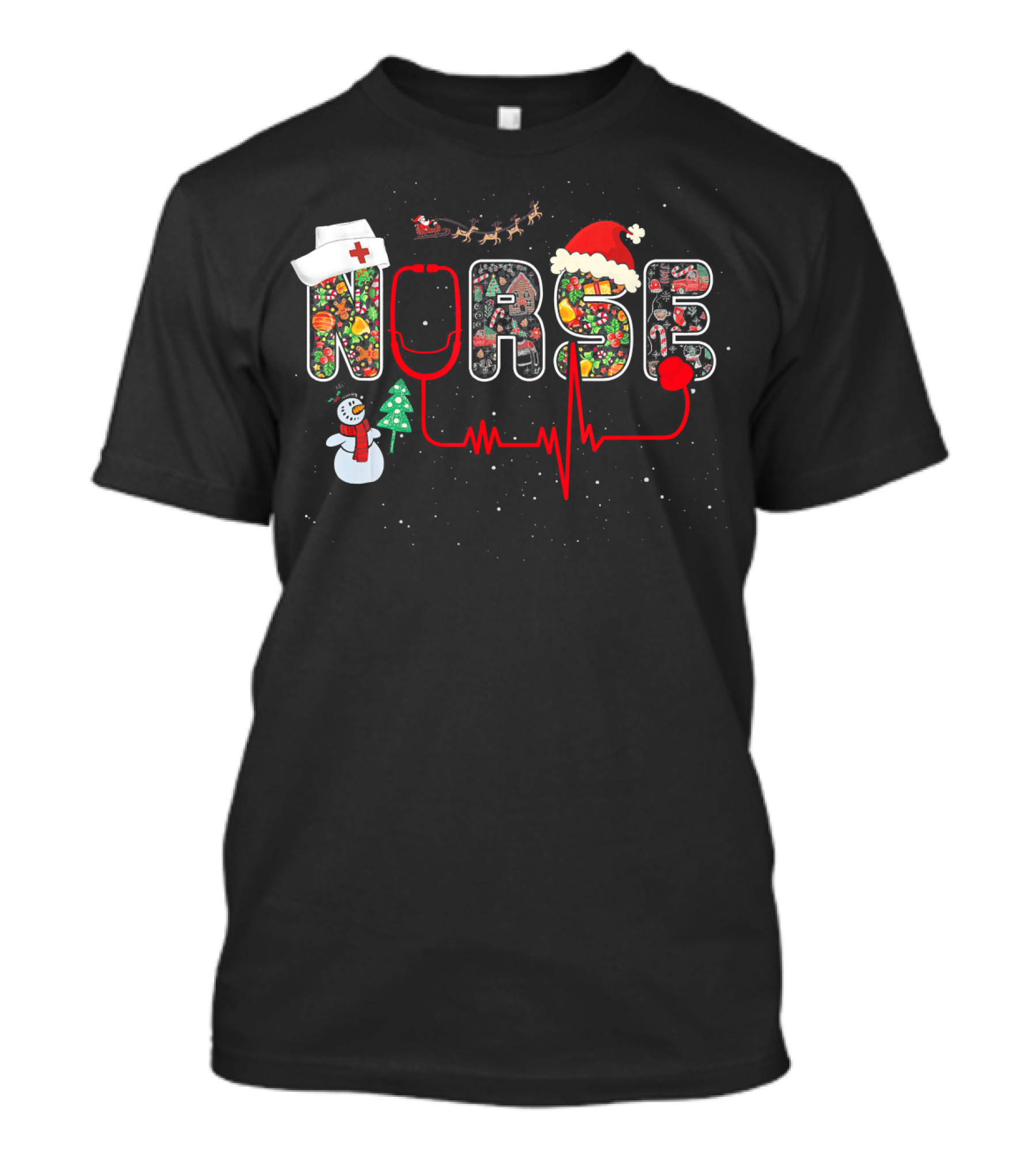 Nurse Christmas Santa Hat Snowman Reindeer Stethoscope Heartbeat T-Shirt