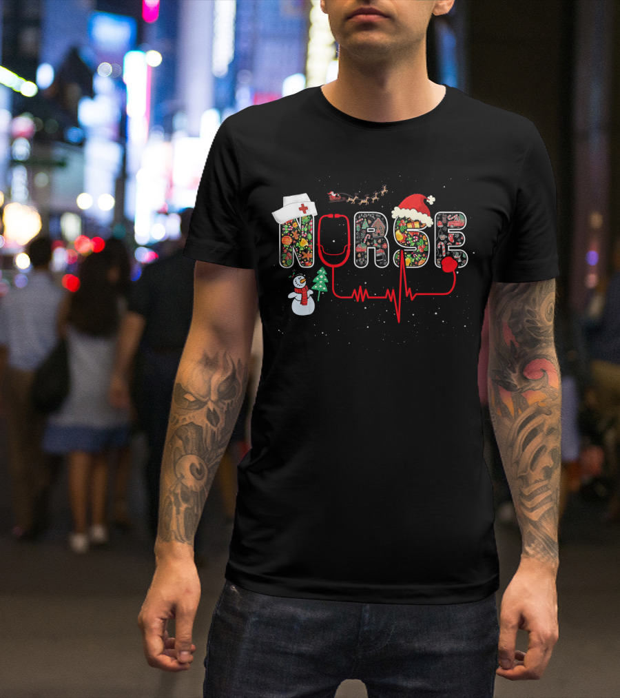 Nurse Christmas Santa Hat Snowman Reindeer Stethoscope Heartbeat T-Shirt