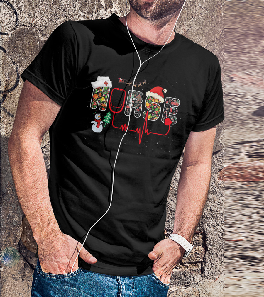 Nurse Christmas Santa Hat Snowman Reindeer Stethoscope Heartbeat T-Shirt
