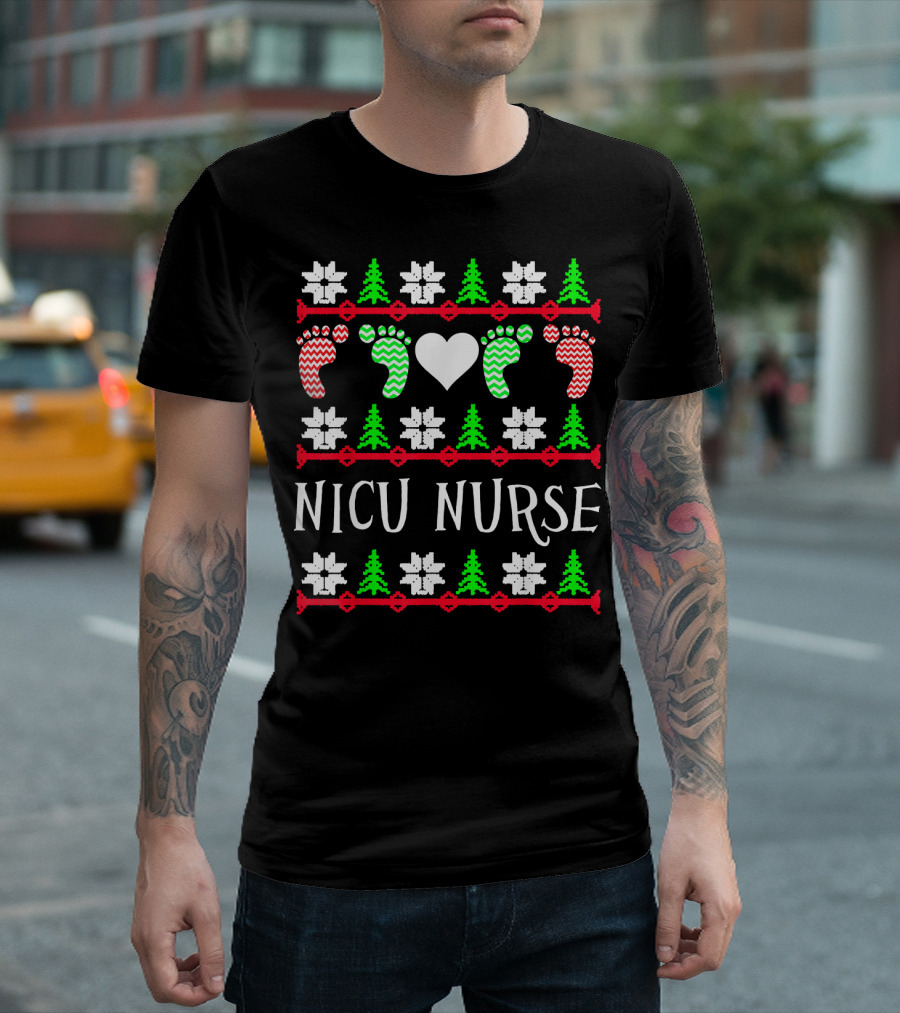 NICU Nurse Baby Feet Heart Christmas Tree T-Shirt