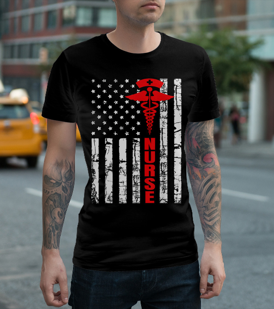 Patriotic American Nurse USA Flag With Caduceus T-Shirt