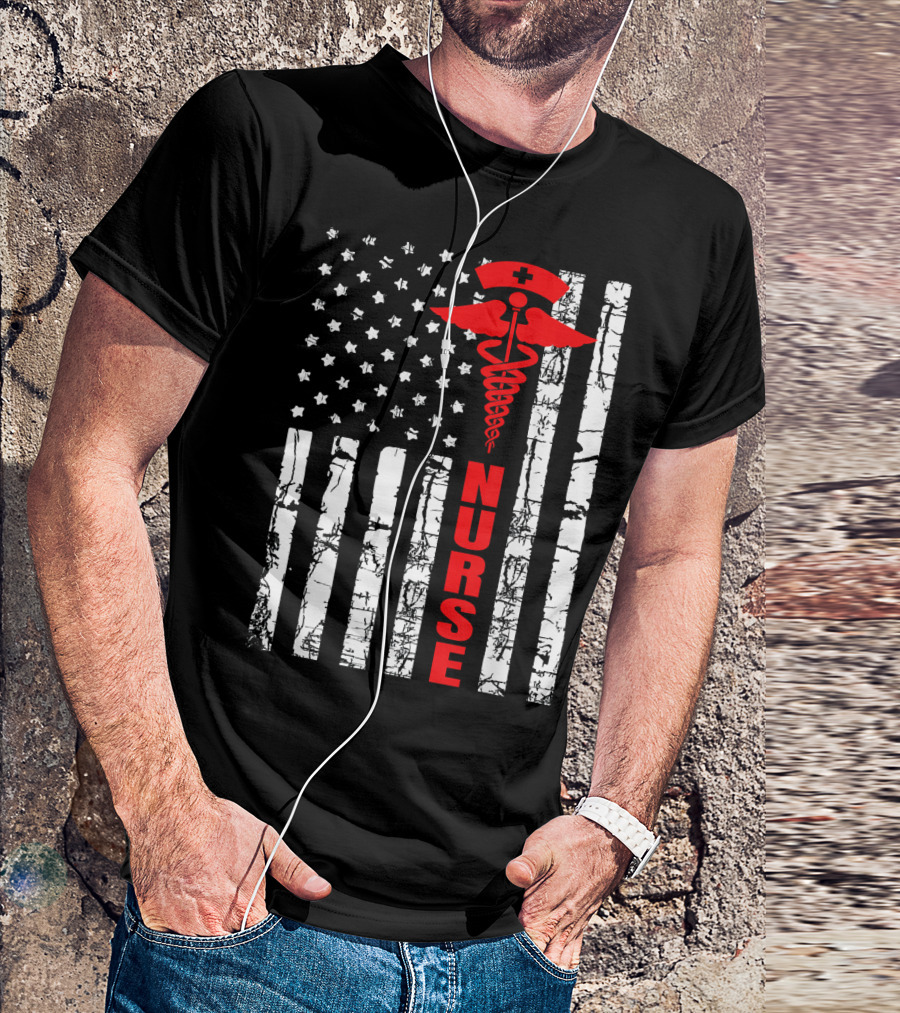 Patriotic American Nurse USA Flag With Caduceus T-Shirt