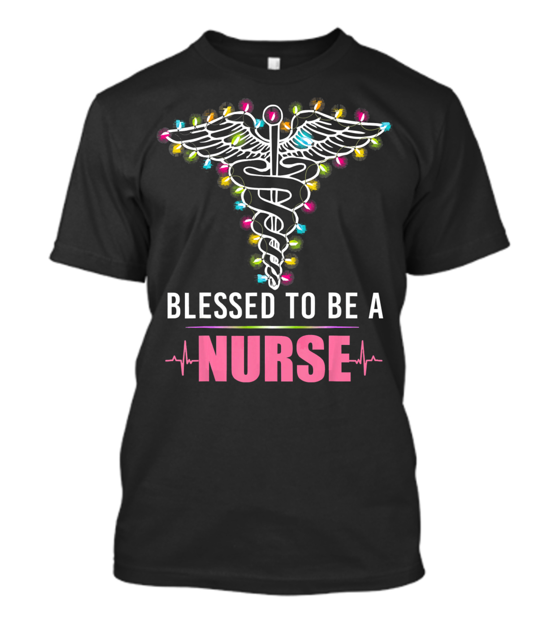 Blessed To Be A Nurse Christmas Lights Caduceus Heartbeat T-Shirt