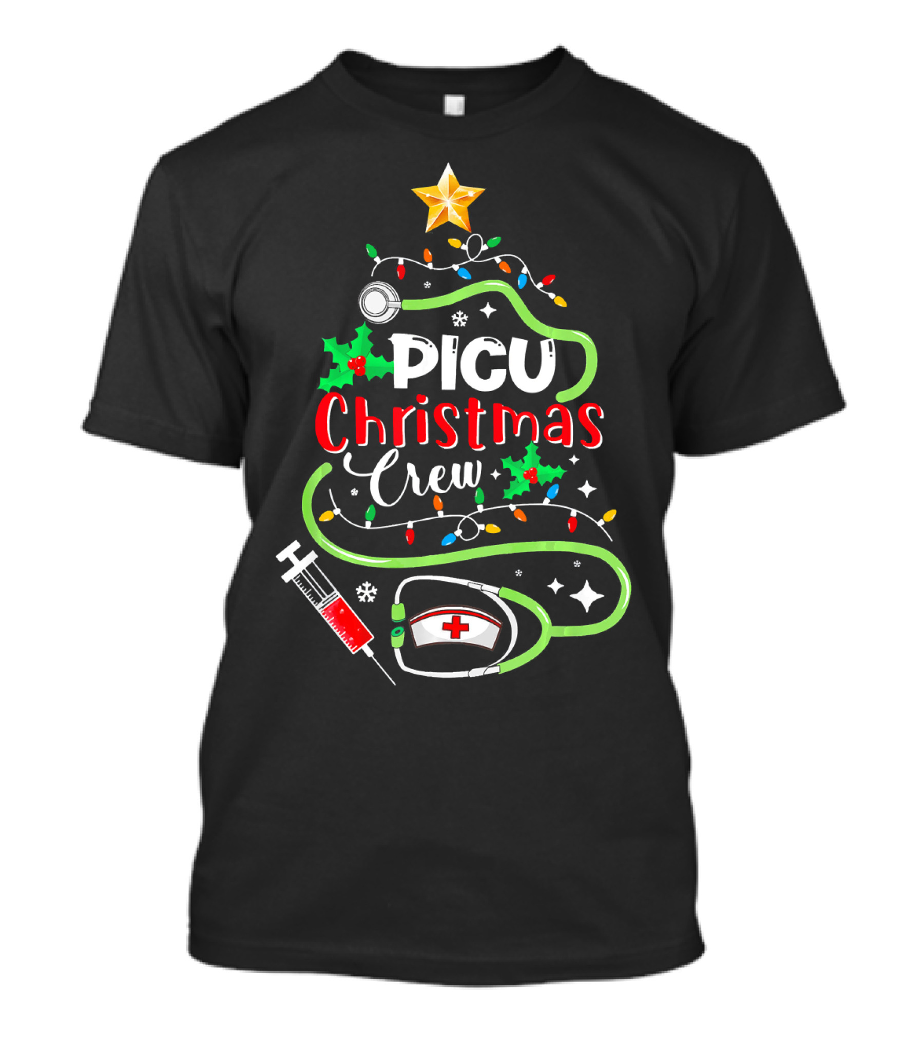 PICU Christmas Crew Pediatric Nurse Festive Holiday Stethoscope Syringe And Santa Hat T-Shirt