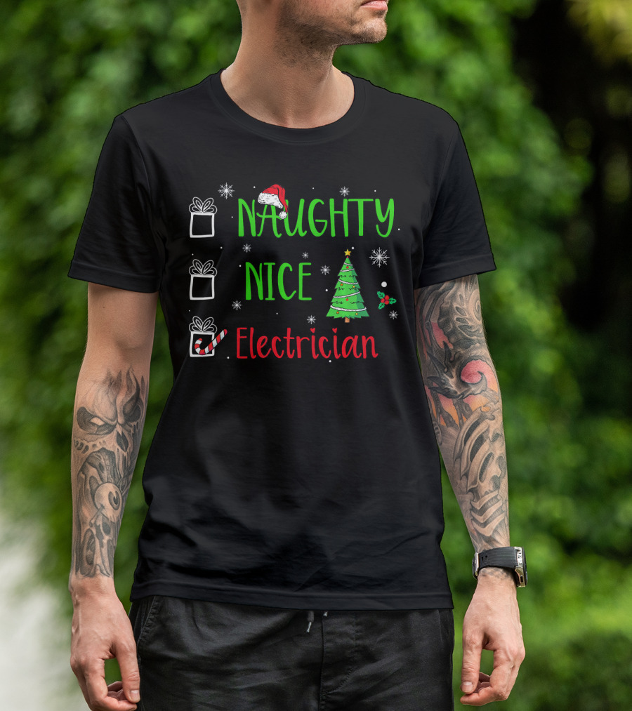 Naughty Nice Electrician Christmas Tree Santa Hat T-Shirt