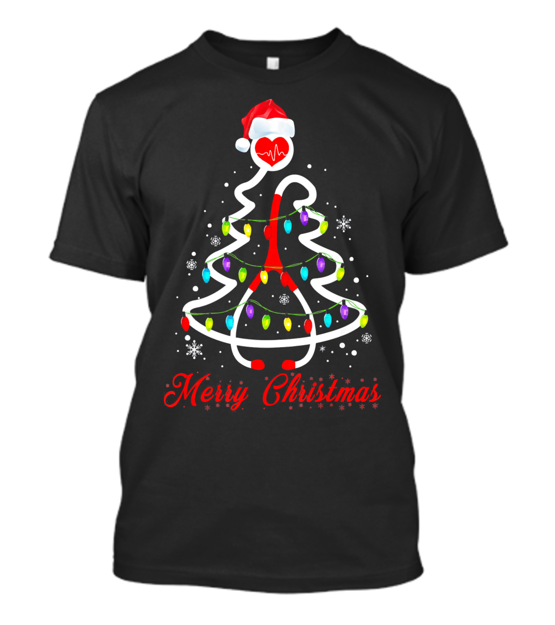 Merry Christmas Nurse Stethoscope Tree With Santa Hat And Heartbeat Lights T-Shirt