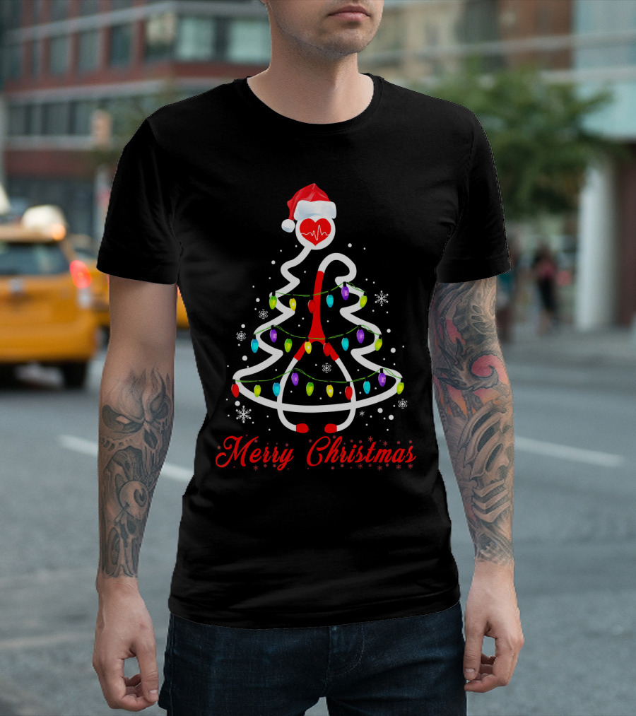 Merry Christmas Nurse Stethoscope Tree With Santa Hat And Heartbeat Lights T-Shirt
