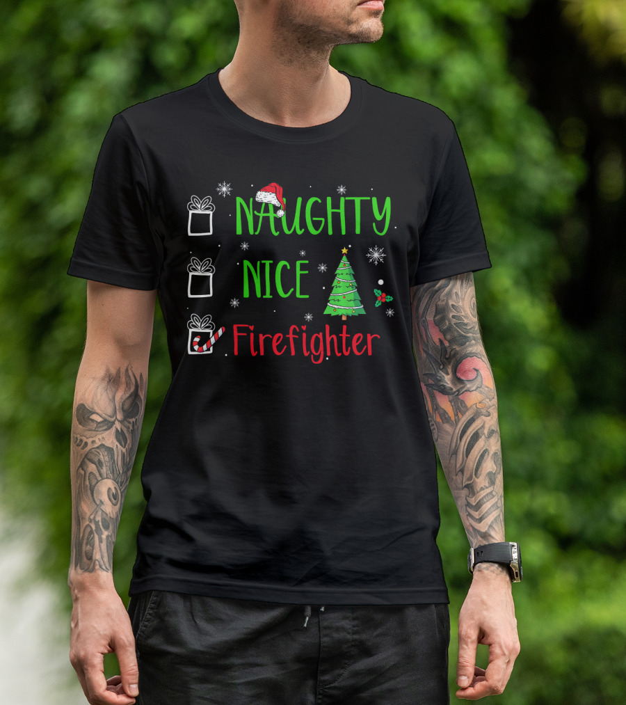 Naughty Nice Firefighter Christmas Santa Hat Tree Snowflakes T-Shirt